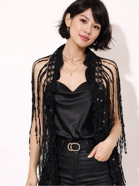 Vintage Black Fringe Shawl Collar Capelet Flapper Style Lace Wrap